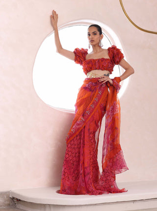 Mahima Mahajan-Raha Orange Draped Sari Set-INDIASPOPUP.COM
