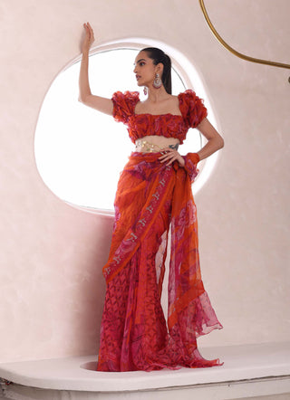 Mahima Mahajan-Raha Orange Draped Sari Set-INDIASPOPUP.COM