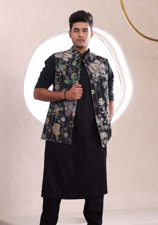 Mahima Mahajan Men-Emir Black Printed Bundi And Kurta Set-INDIASPOPUP.COM