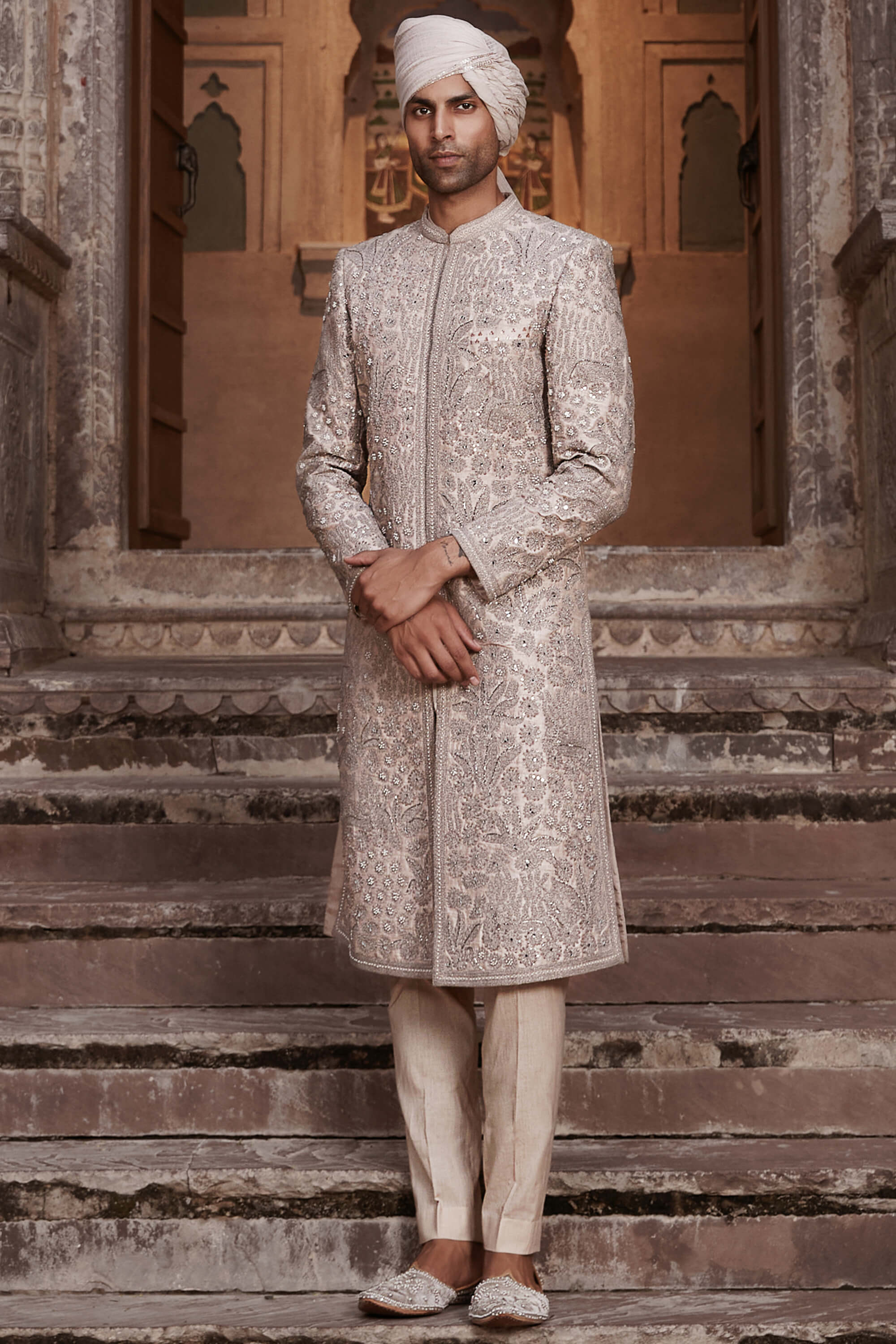 Matsya Men Light Salmon Pink Sherwani And Kurta Set