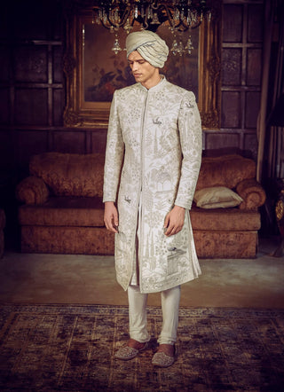 Wild Masai Ivory Sherwani Set by Matsya Men available on Indiaspopup.com