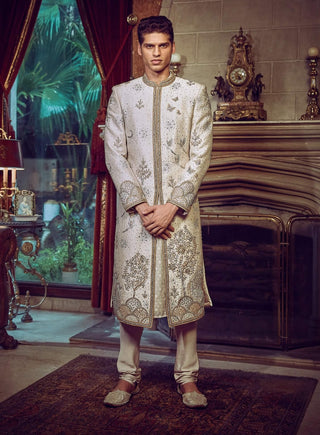 Aurum Ekru Tree Of Life Sherwani Set by Matsya Men available on Indiaspopup.com