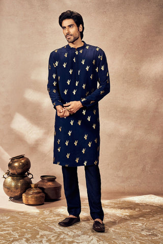 Blue Ganesha Foil Kurta And Pants by House Of Masaba Men, available on Indiaspopup.com