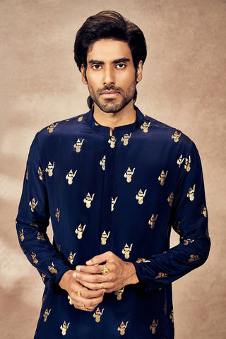 Blue Ganesha Foil Kurta And Pants by House Of Masaba Men, available on Indiaspopup.com