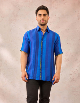 House Of Masaba Men Blue Palm Stripes Shirt available on indiaspopup