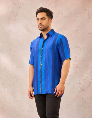 House Of Masaba Men Blue Palm Stripes Shirt available on indiaspopup