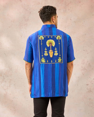 House Of Masaba Men Blue Palm Stripes Shirt available on indiaspopup