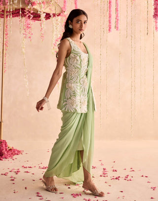 Mint green embellished peplum and pre-stitched dhoti style sari