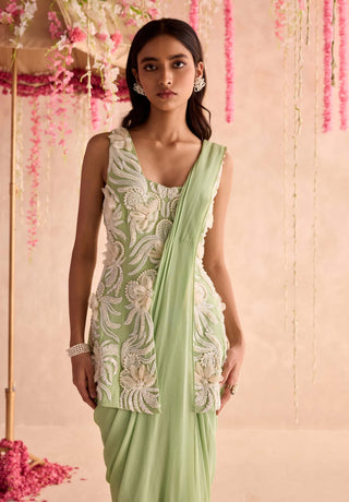 Mint green embellished peplum and pre-stitched dhoti style sari