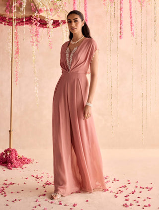 Champagne embellished full-length pleated jumpsuit