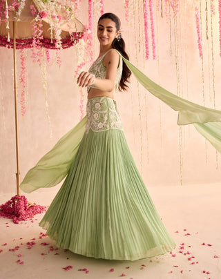 Mint green choli with attached dupatta and lehenga