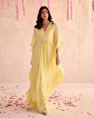 Lemon yellow embellished full-length draped kaftan
