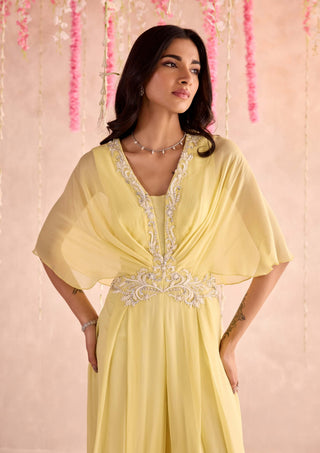 Lemon yellow embellished draped pleated jumpsuit