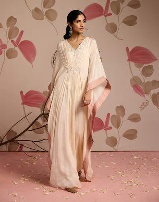 Ivory embellished draped full-length kaftan