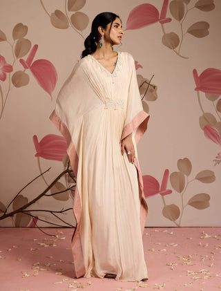 Ivory embellished draped full-length kaftan