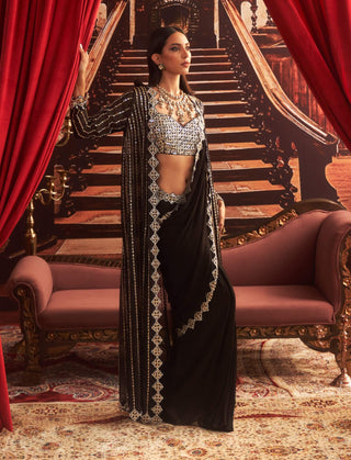 Naina Black Embellished Jacket And Pre-Draped Sari Set by Seema Thukral available on Indiaspopup.com