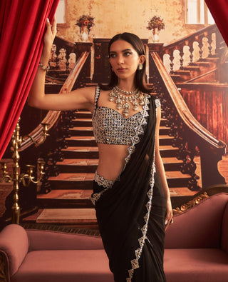 Naina black embellished jacket and pre-draped sari set