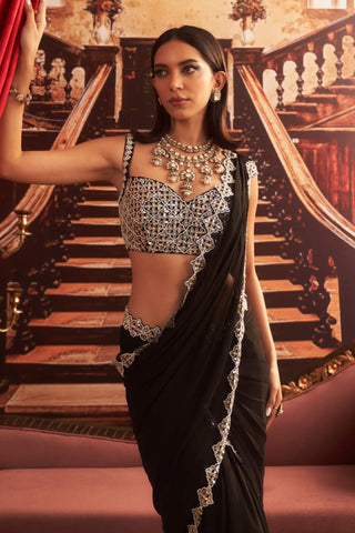 Shantipriya black pre-draped sari and blouse