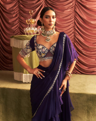 Pushpa Purple Pre-Draped Ruffle Sari And Blouse by Seema Thukral available on Indiaspopup.com