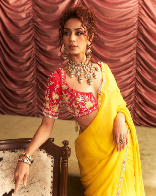 Usha Yellow Organza Sari Set by Seema Thukral available on Indiaspopup.com