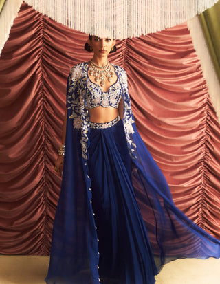 Chikni Electric Blue Embellished Cape And Draped Skirt Set by Seema Thukral available on Indiaspopup.com