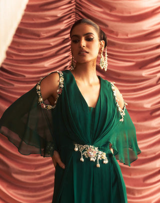 Sheetal Emerald Green Draped Jumpsuit by Seema Thukral available on Indiaspopup.com