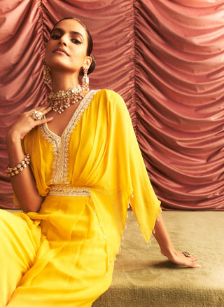 Manju Yellow Embellished Draped Jumpsuit by Seema Thukral available on Indiaspopup.com