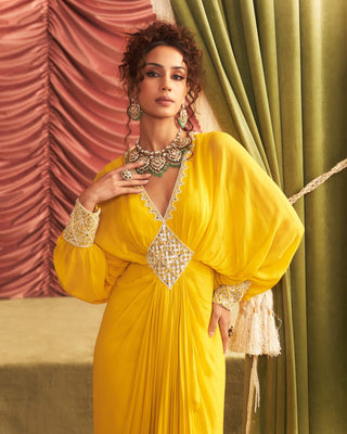 Kavita Yellow Embellished Draped Full Length Dress by Seema Thukral available on Indiaspopup.com