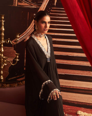 Veronica Black Embellished Draped Kaftan by Seema Thukral available on Indiaspopup.com