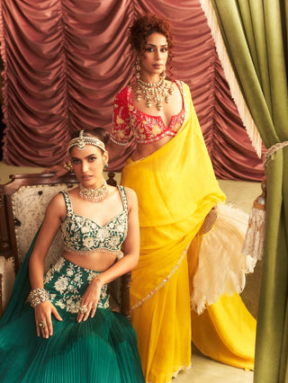 Usha Yellow Organza Sari Set by Seema Thukral available on Indiaspopup.com