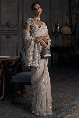 Tarnished silver wild dandelion sari with blouse