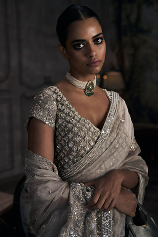 Tarnished silver wild dandelion sari with blouse