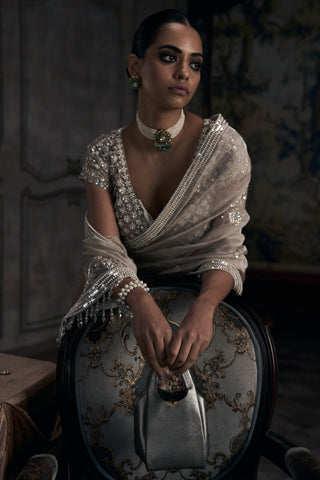 Tarnished silver wild dandelion sari with blouse