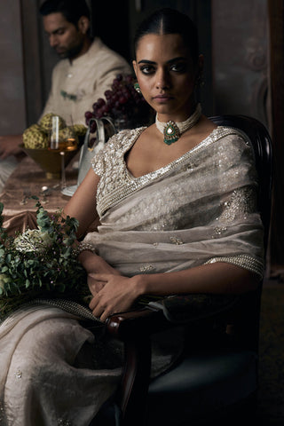 Tarnished silver wild dandelion sari with blouse