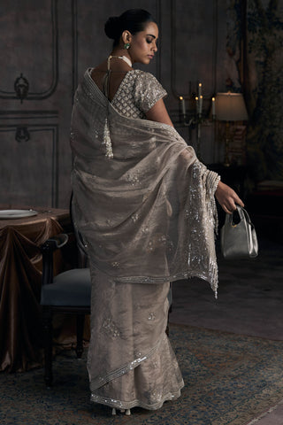 Tarnished silver wild dandelion sari with blouse