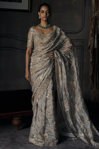 Silent waterlillies aquamarine tissue sari with blouse