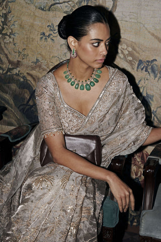 Silent waterlillies aquamarine tissue sari with blouse