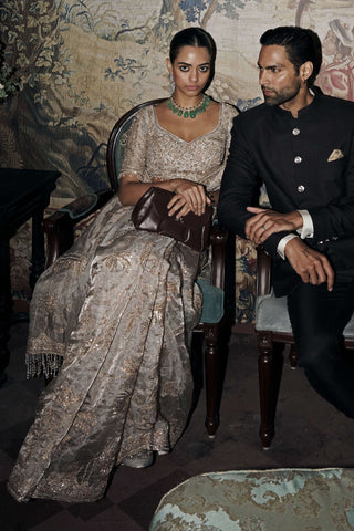 Silent waterlillies aquamarine tissue sari with blouse