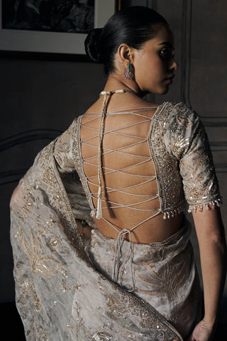 Silent waterlillies aquamarine tissue sari with blouse