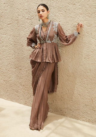 Matsya-Brown Millennial Draped Sari Set-INDIASPOPUP.COM