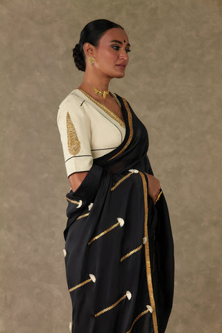 House Of Masaba-Black Tassel Gota Sari And Unstitched Blouse-INDIASPOPUP.COM