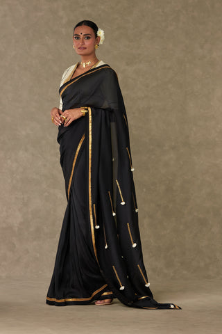 House Of Masaba-Black Tassel Gota Sari And Unstitched Blouse-INDIASPOPUP.COM