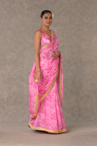 House Of Masaba-Pink Bloomerang Sari And Unstitched Blouse-INDIASPOPUP.COM
