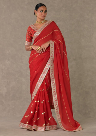 House Of Masaba-Red Lovebird Sari And Unstitched Blouse-INDIASPOPUP.COM