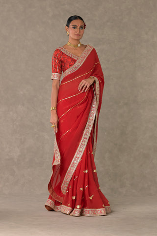 House Of Masaba-Red Lovebird Sari And Unstitched Blouse-INDIASPOPUP.COM