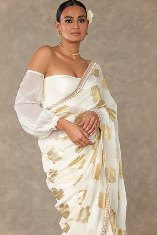 House Of Masaba-Gulaab Gold Foil Printed Sari And Unstitched Blouse-INDIASPOPUP.COM