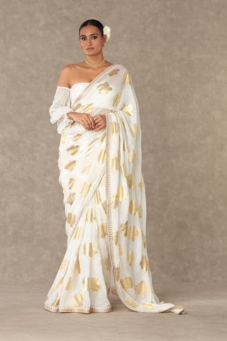 House Of Masaba-Gulaab Gold Foil Printed Sari And Unstitched Blouse-INDIASPOPUP.COM