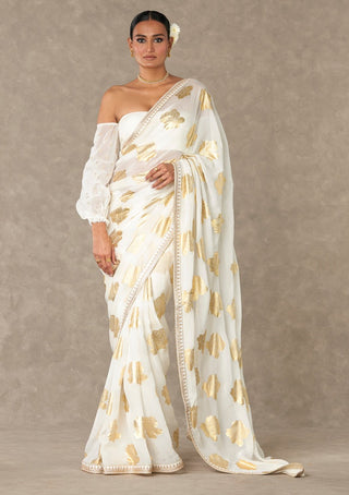 House Of Masaba-Gulaab Gold Foil Printed Sari And Unstitched Blouse-INDIASPOPUP.COM