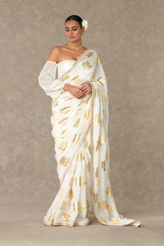 House Of Masaba-Gulaab Gold Foil Printed Sari And Unstitched Blouse-INDIASPOPUP.COM