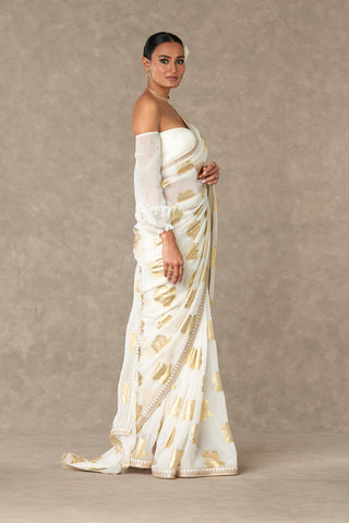 House Of Masaba-Gulaab Gold Foil Printed Sari And Unstitched Blouse-INDIASPOPUP.COM